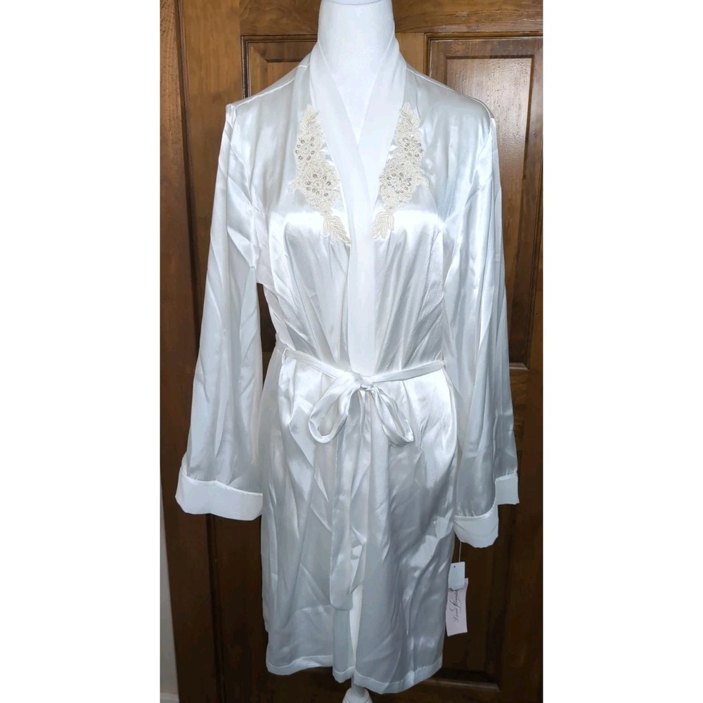 Linea Donatella Robe Womens L/XL Ivory Satin Long Bridal Lace Kimono(1259)